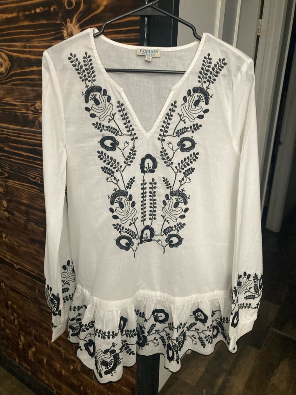 Embroidered V-Neck White Tunic with Black Floral Detail